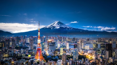 View of Mount Fuji and Tokyo skyline at dusk