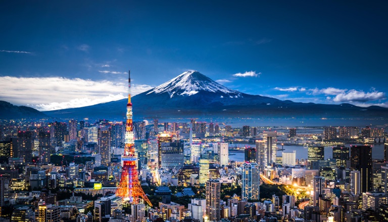 View of Mount Fuji and Tokyo skyline at dusk