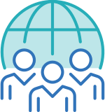 Icon showing three people standing in front of a globe